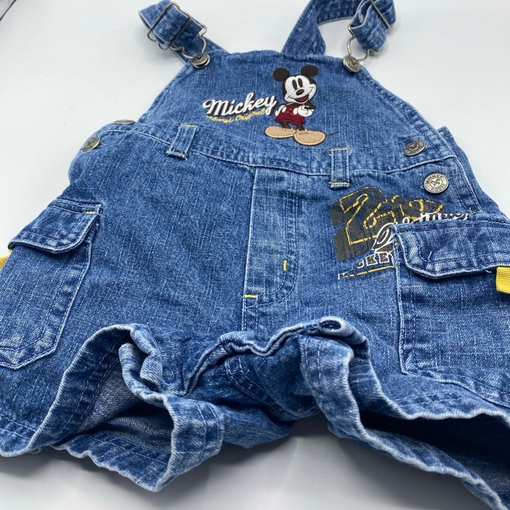 Vintage 90s Mickey Overalls Shorts Embroidered Disney Denim Shortalls 12 Months
